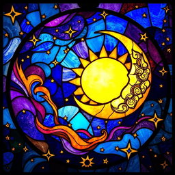 A stunning stained glass artwork featuring a cosmic scene: a radiant sun glowing brightly, a crescent moon intricately designed, and swirling galaxies in deep blues, purples, and fiery oranges