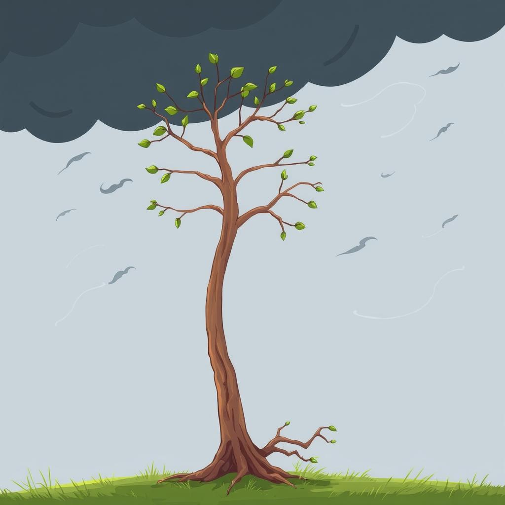 A tall and thin cartoon-style tree with a slender trunk, featuring branches with sparse leaves