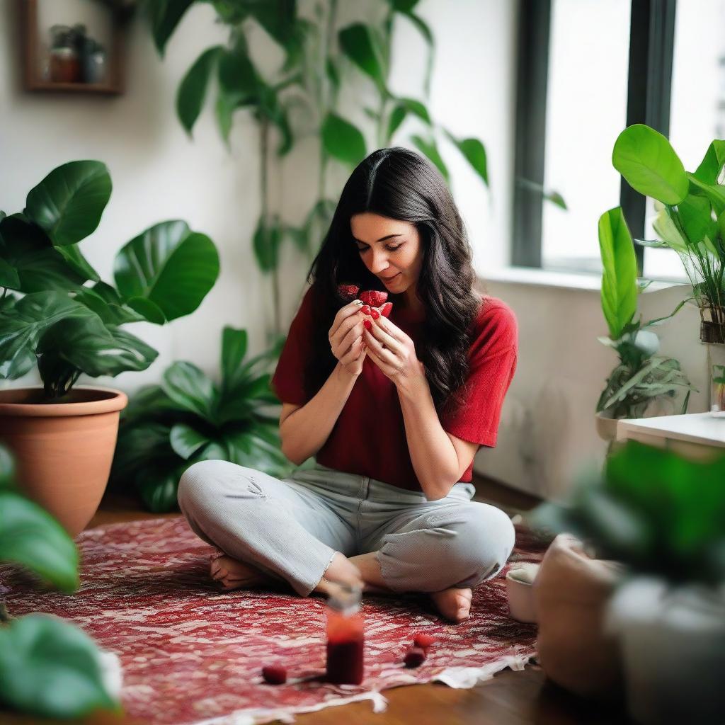 A tall brunette woman comfortably seated on her living room floor, engrossed in painting her nails red, surrounded by a variety of lush indoor plants and sipping on a glass of sangria.