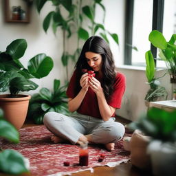 A tall brunette woman comfortably seated on her living room floor, engrossed in painting her nails red, surrounded by a variety of lush indoor plants and sipping on a glass of sangria.