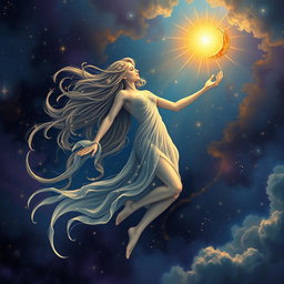 A divine and ethereal female figure gracefully floating in the cosmic sky