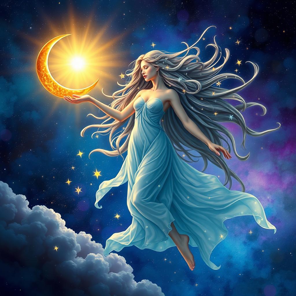 A divine and ethereal female figure gracefully floating in the cosmic sky
