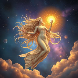 A divine and ethereal female figure gracefully floating in the cosmic sky