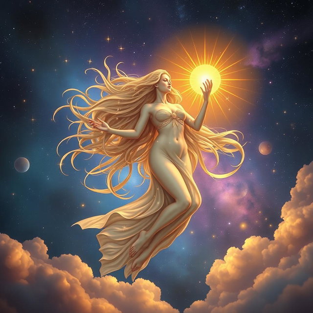 A divine and ethereal female figure gracefully floating in the cosmic sky