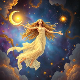 A divine and ethereal female figure gracefully floating in the cosmic sky