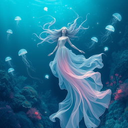 A mystical underwater goddess gliding gracefully through the deep sea