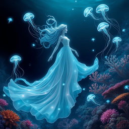 A mystical underwater goddess gliding gracefully through the deep sea