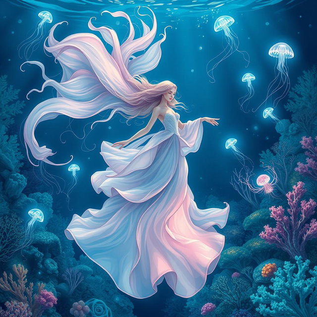 A mystical underwater goddess gliding gracefully through the deep sea