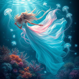 A mystical underwater goddess gliding gracefully through the deep sea