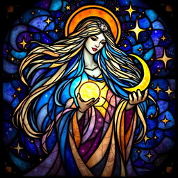 A mesmerizing stained glass artwork depicting a celestial queen with long, flowing hair that beautifully blends into the cosmos