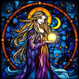 A mesmerizing stained glass artwork depicting a celestial queen with long, flowing hair that beautifully blends into the cosmos