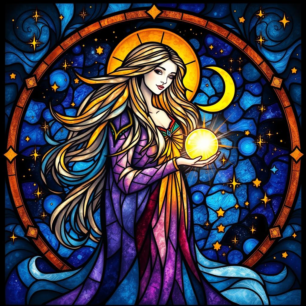 A mesmerizing stained glass artwork depicting a celestial queen with long, flowing hair that beautifully blends into the cosmos