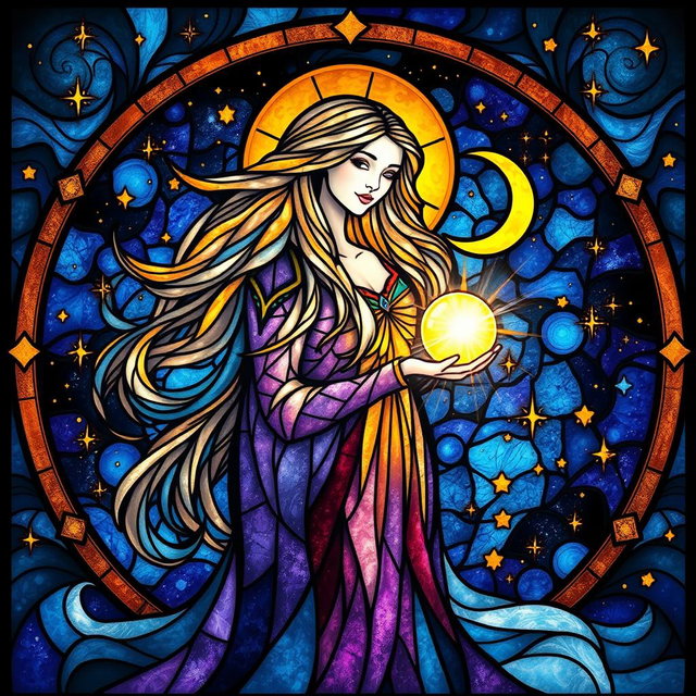 A mesmerizing stained glass artwork depicting a celestial queen with long, flowing hair that beautifully blends into the cosmos
