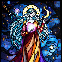 A mesmerizing stained glass artwork depicting a celestial queen with long, flowing hair that beautifully blends into the cosmos