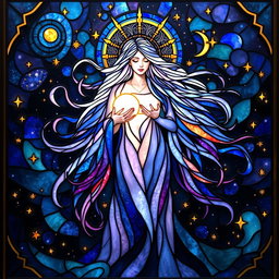 A mesmerizing stained glass artwork depicting a celestial queen with long, flowing hair that beautifully blends into the cosmos