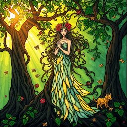 A mystical female spirit standing gracefully amidst an enchanted forest