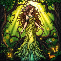 A mystical female spirit standing gracefully amidst an enchanted forest