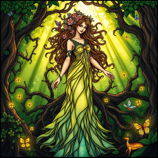 A mystical female spirit standing gracefully amidst an enchanted forest