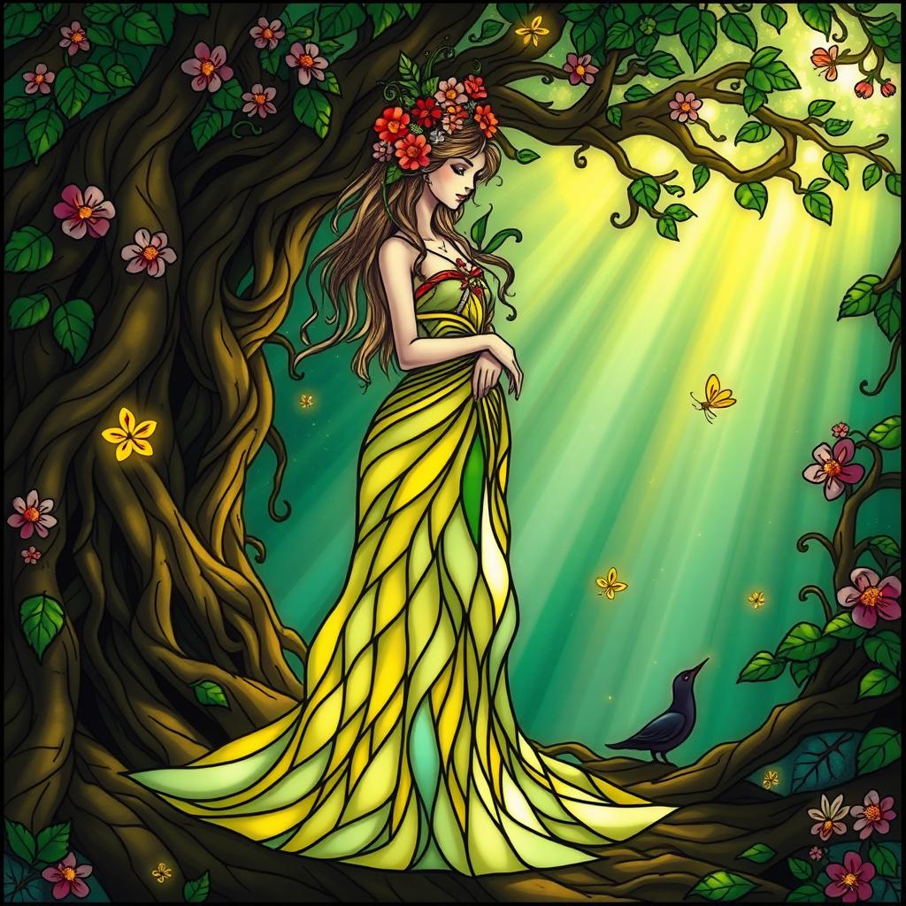A mystical female spirit standing gracefully amidst an enchanted forest
