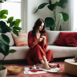 A tall brunette woman comfortably seated on her living room floor, engrossed in painting her nails red, surrounded by a variety of lush indoor plants and sipping on a glass of sangria.