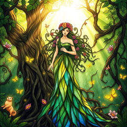 A mystical female spirit standing gracefully amidst an enchanted forest