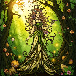 A mystical female spirit standing gracefully amidst an enchanted forest