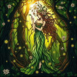 A mystical female spirit standing gracefully amidst an enchanted forest