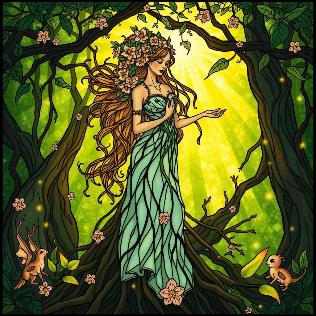 A mystical female spirit standing gracefully amidst an enchanted forest