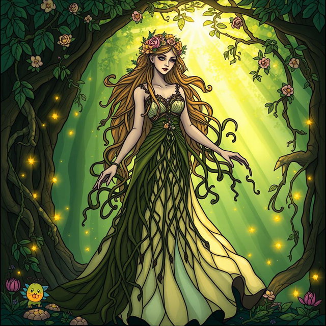 A mystical female spirit standing gracefully amidst an enchanted forest