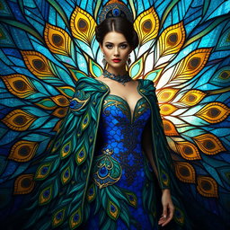 A regal woman adorned in a magnificent peacock-inspired cloak that fans out like exquisite stained glass feathers