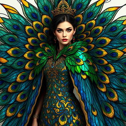 A regal woman adorned in a magnificent peacock-inspired cloak that fans out like exquisite stained glass feathers