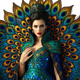 A regal woman adorned in a magnificent peacock-inspired cloak that fans out like exquisite stained glass feathers