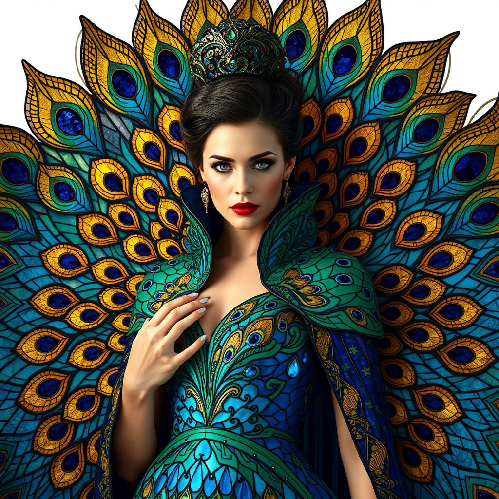 A regal woman adorned in a magnificent peacock-inspired cloak that fans out like exquisite stained glass feathers