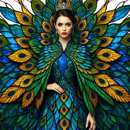 A regal woman adorned in a magnificent peacock-inspired cloak that fans out like exquisite stained glass feathers