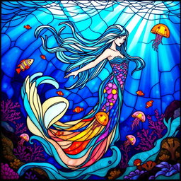 A stunning mermaid-like figure with long, flowing hair that elegantly sways like ocean waves