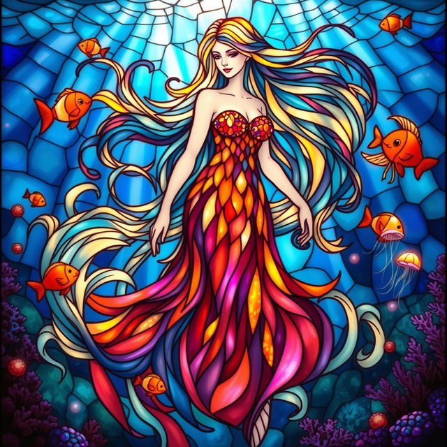 A stunning mermaid-like figure with long, flowing hair that elegantly sways like ocean waves