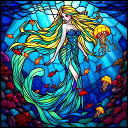 A stunning mermaid-like figure with long, flowing hair that elegantly sways like ocean waves