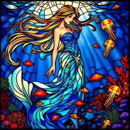 A stunning mermaid-like figure with long, flowing hair that elegantly sways like ocean waves