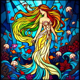 A stunning mermaid-like figure with long, flowing hair that gracefully sways like ocean waves