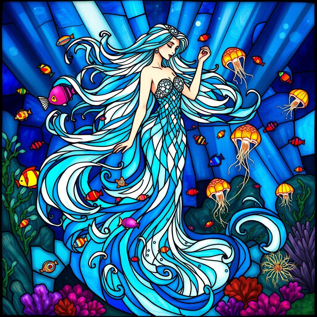A stunning mermaid-like figure with long, flowing hair that gracefully sways like ocean waves