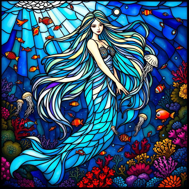 A stunning mermaid-like figure with long, flowing hair that gracefully sways like ocean waves