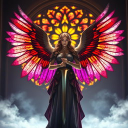 A celestial warrior angel standing proudly before a grand Gothic rose window