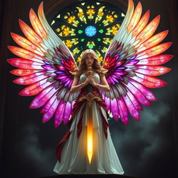 A celestial warrior angel standing proudly before a grand Gothic rose window