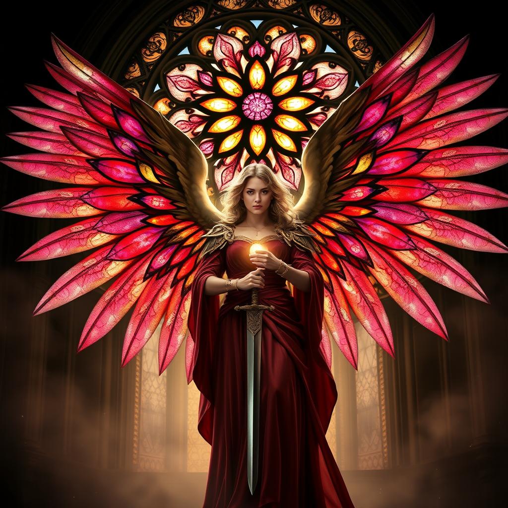 A celestial warrior angel standing proudly before a grand Gothic rose window