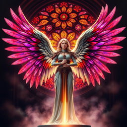 A celestial warrior angel standing proudly before a grand Gothic rose window