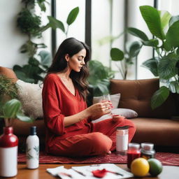 A tall brunette woman comfortably seated on her living room floor, engrossed in painting her nails red, surrounded by a variety of lush indoor plants and sipping on a glass of sangria.