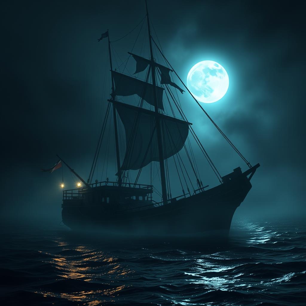 Create a mysterious and eerie scene depicting the legendary ghost ship Ourang Medan