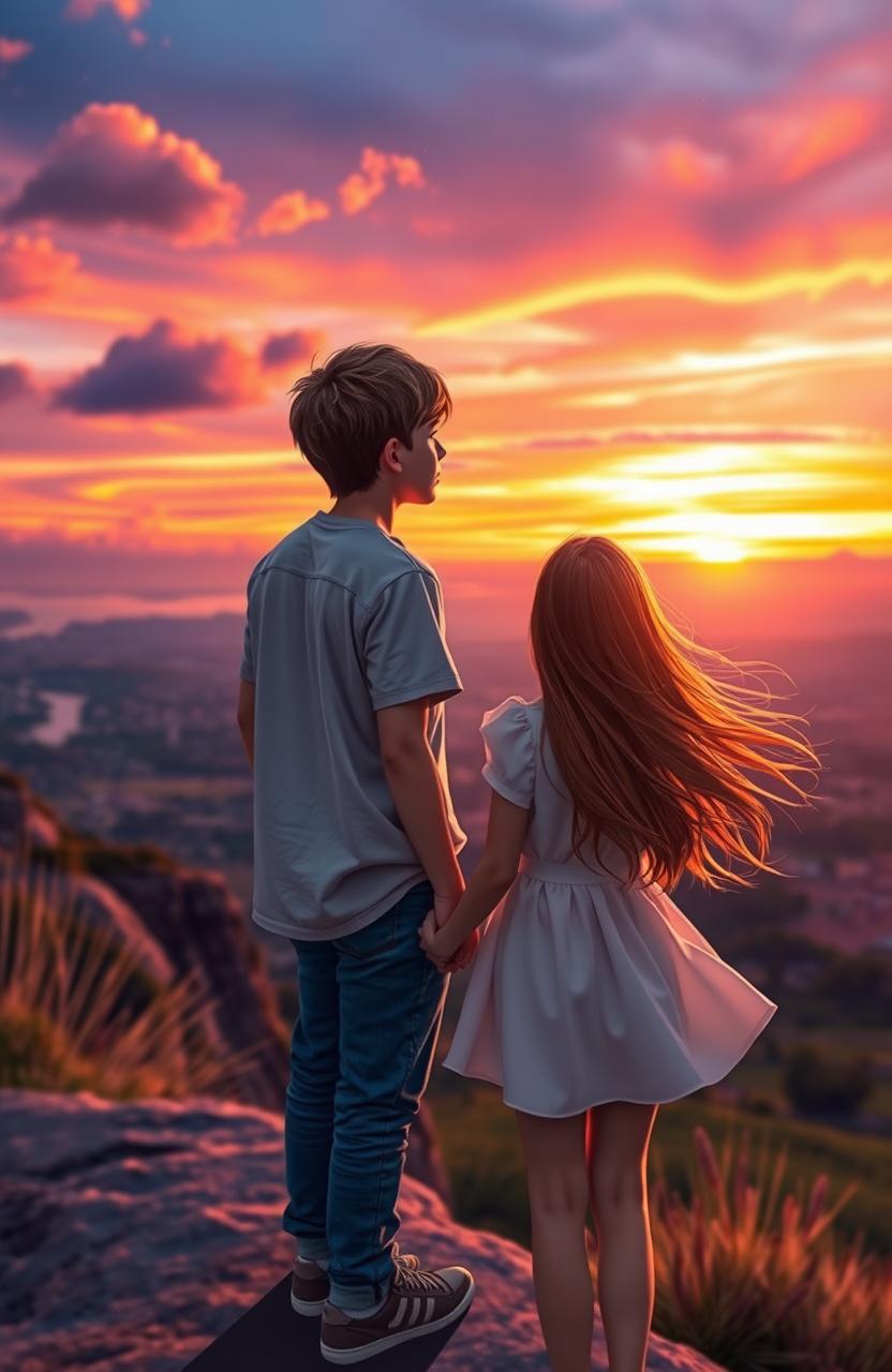A romantic scene depicting a boy and a girl who are in love yet have never met, set against a picturesque horizon filled with vibrant colors of sunset