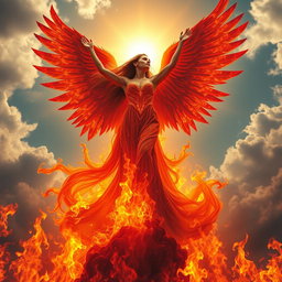 A powerful woman rising dramatically from roaring flames, her long, flowing hair merging seamlessly with magnificent fiery phoenix wings