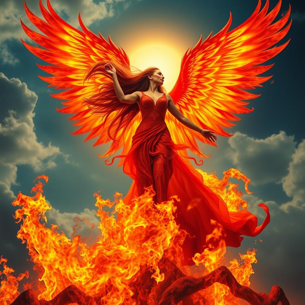 A powerful woman rising dramatically from roaring flames, her long, flowing hair merging seamlessly with magnificent fiery phoenix wings